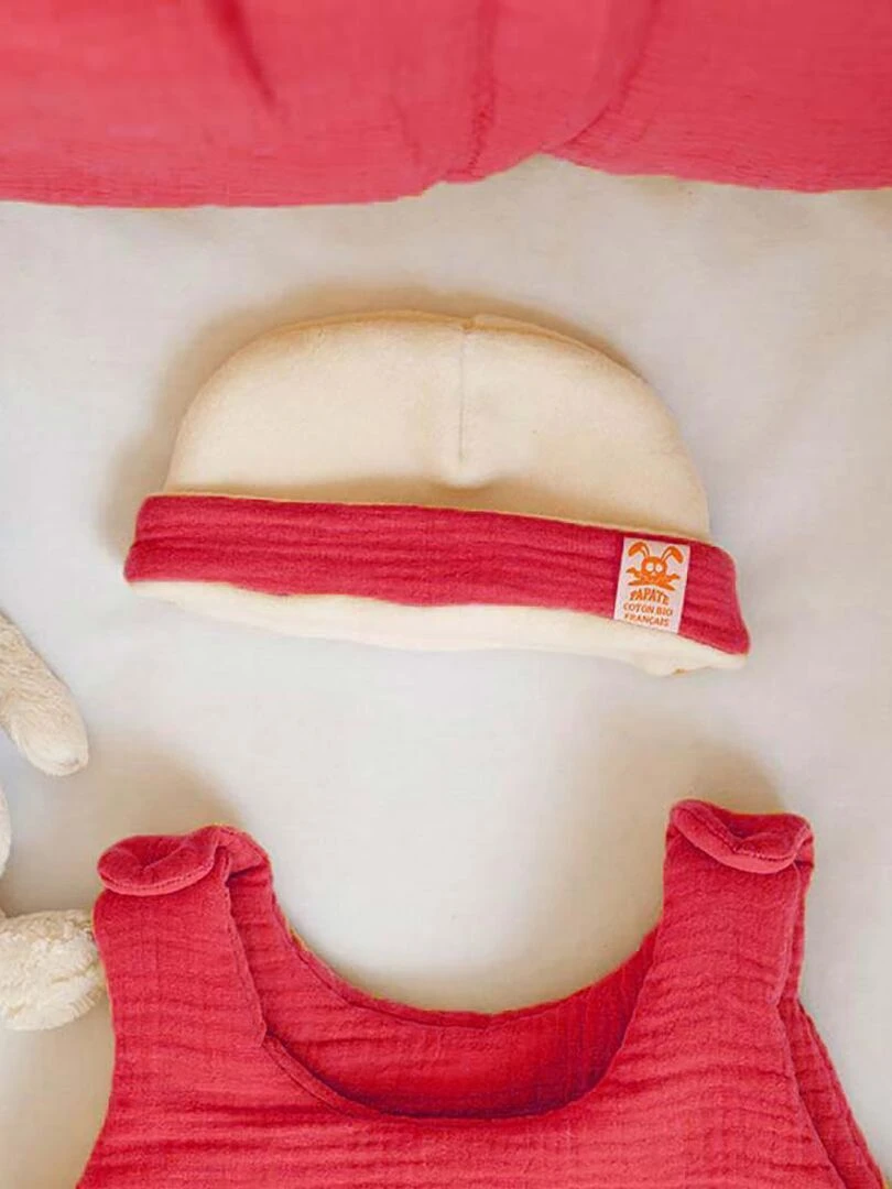Bonnet de Naissance en Coton Bio Blanc et Fraise   Rouge