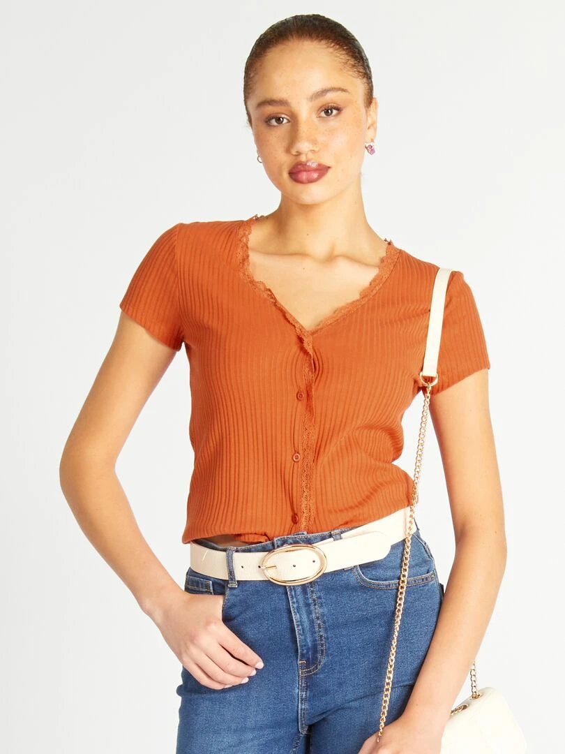 T shirt côtelé avec dentelle orange