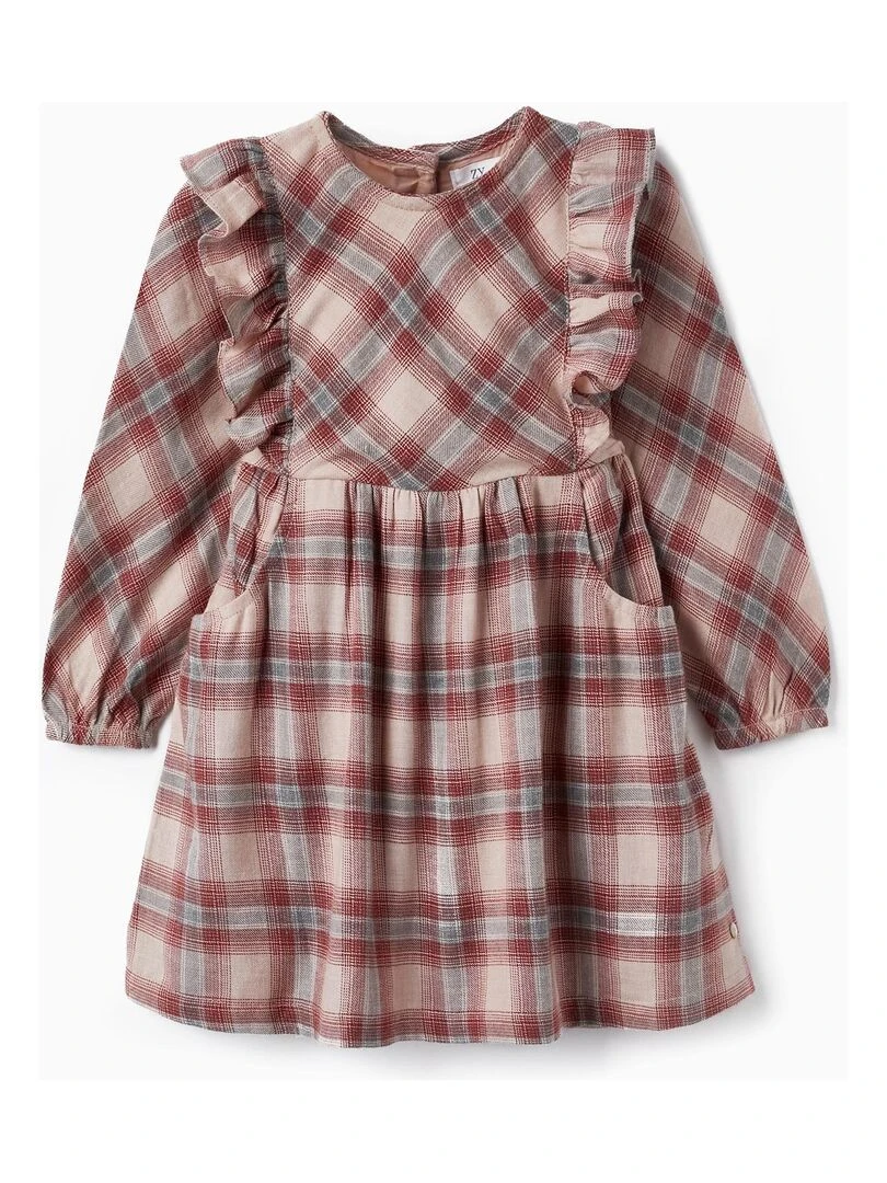 Robe à carreaux pour fille manches longues LITERATURE CLUB Rose clair