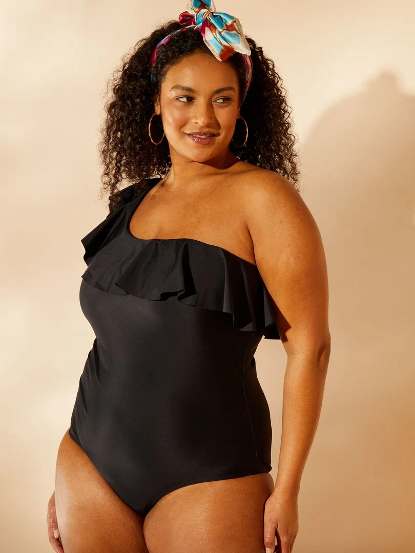 Maillot de bain asymétrique à volants   1 pièce   noir