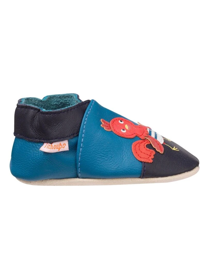 Chaussons bébé cuir souple Jean et Jeanne jouent au foot Bleu Bleu