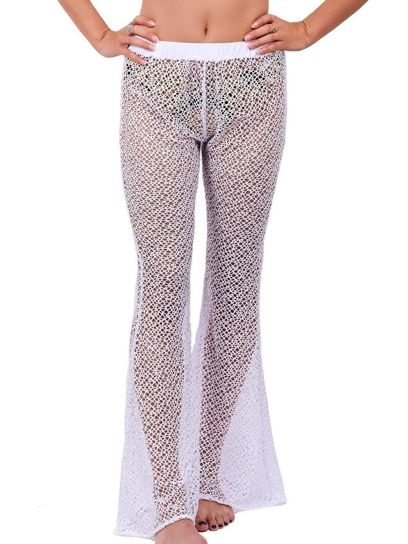 Pantalon de plage maille crochet pailletée Diadème Blanc