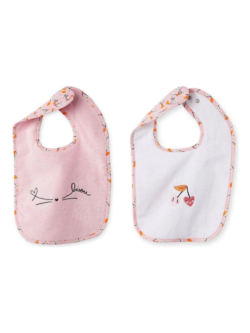 Lot De Deux Bavoirs Escapade Kawaii 100% Coton Blanc et Rose Blanc