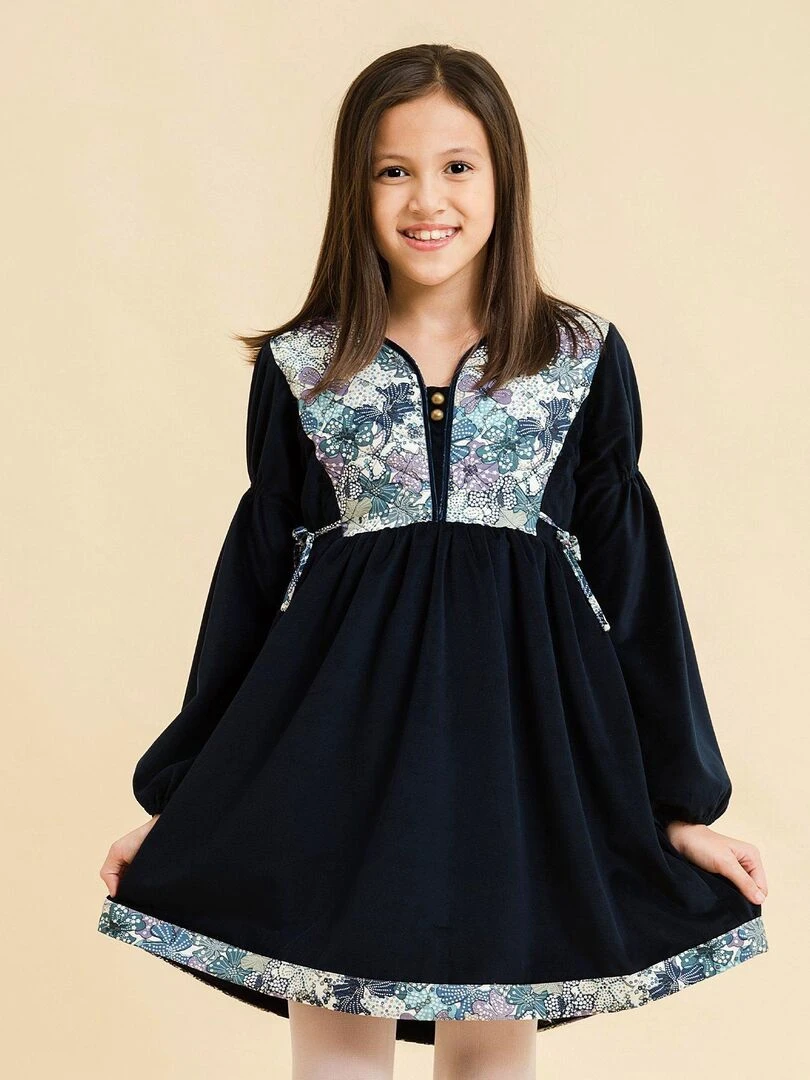 Robe Hiver Fille Velours Bleu Marine Liberty Fleuri Lilas MARGOT 'LA FAUTE A VOLTAIRE' Bleu marine