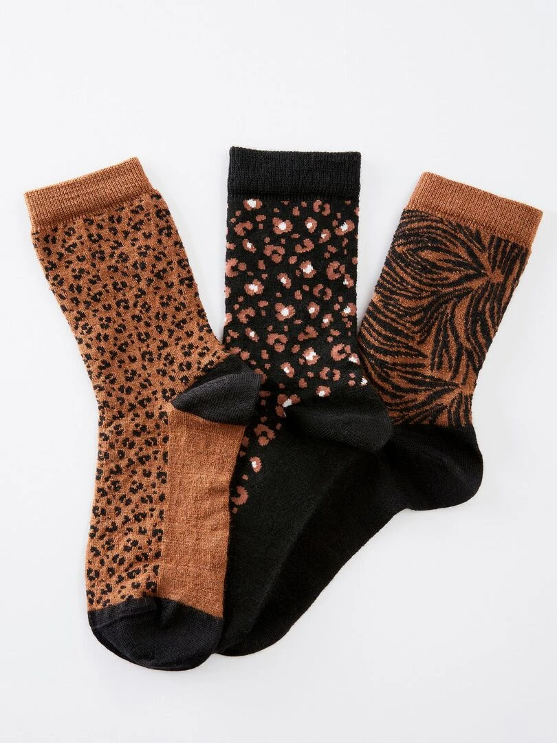 Lot de 3 paires de mi chaussettes maille jacquard mélange laine et Thermolactyl Damart Marron havane