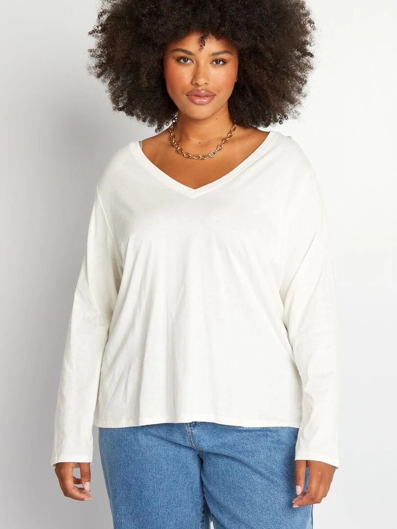 Tee shirt basique manches longues et col V   blanc