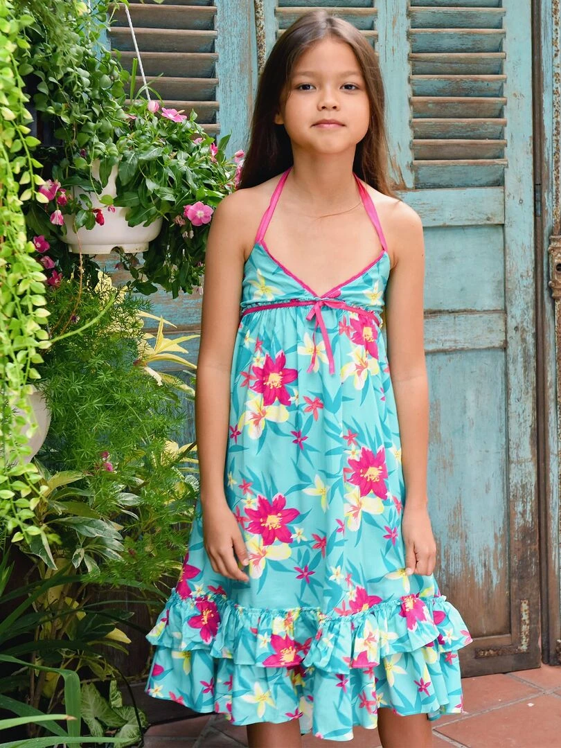 Robe longue fleurs Hawaï TAHITI 'LA FAUTE A VOLTAIRE' Bleu turquoise