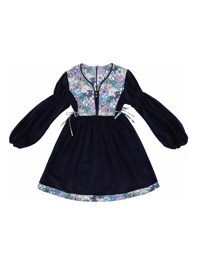 Robe Hiver Fille  Velours Bleu Marine Liberty Fleuri Lilas  MARGOT   'LA FAUTE A VOLTAIRE'   Bleu marine