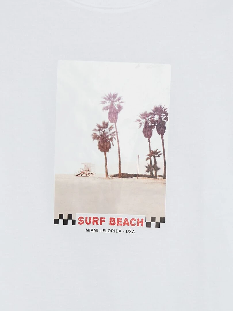 T shirt à col rond avec imprimé Blanc 'Surf Beach'
