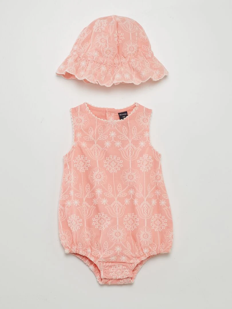 Ensemble bob + barboteuse brodée Rose saumon
