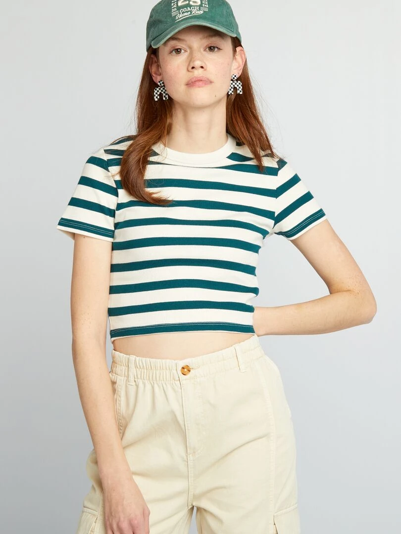 Tee shirt crop top marinière   Blanc/vert