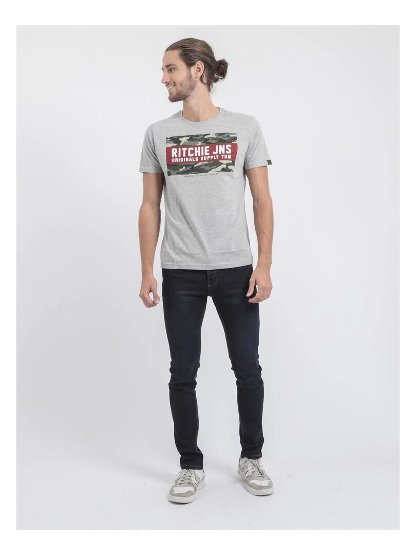 T shirt col rond pur coton JARDIN   Gris chiné