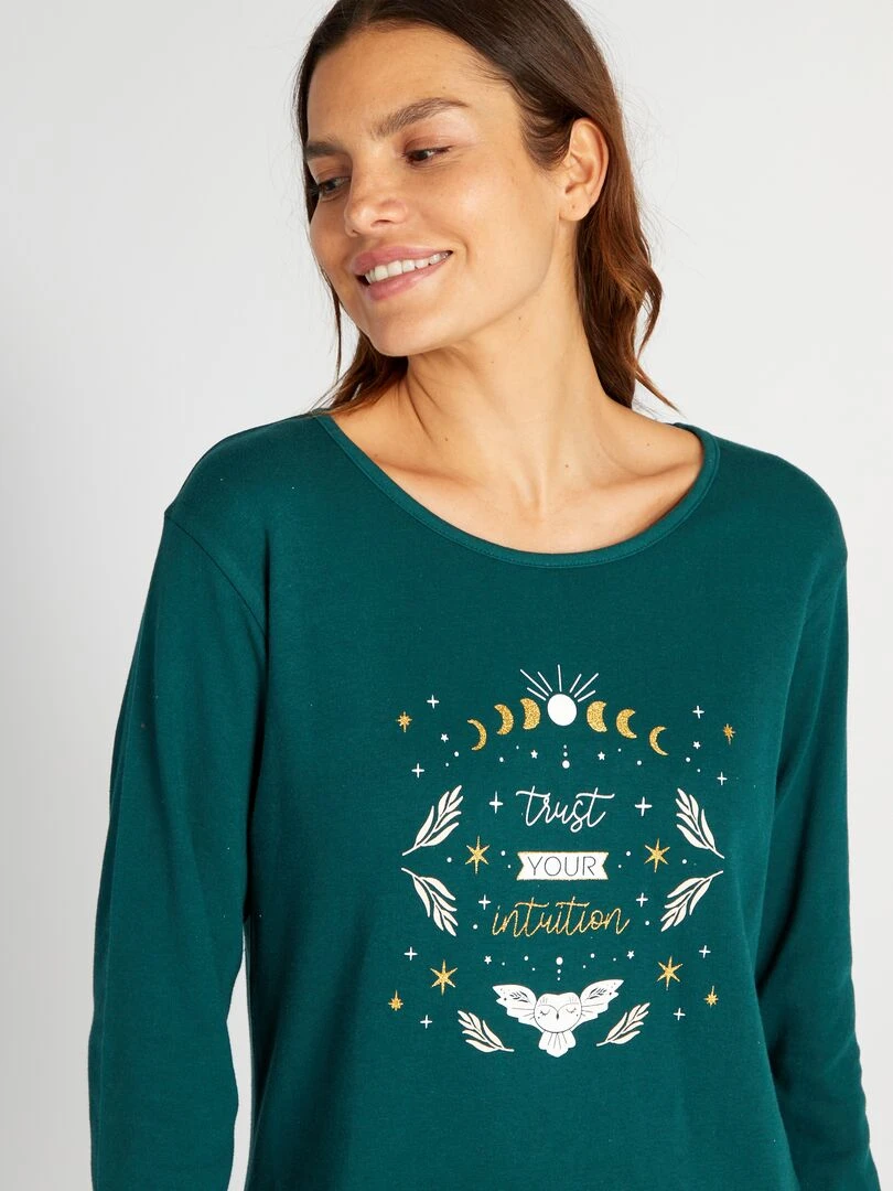 Pyjama long t shirt + pantalon en flanelle   2 pièces   Vert