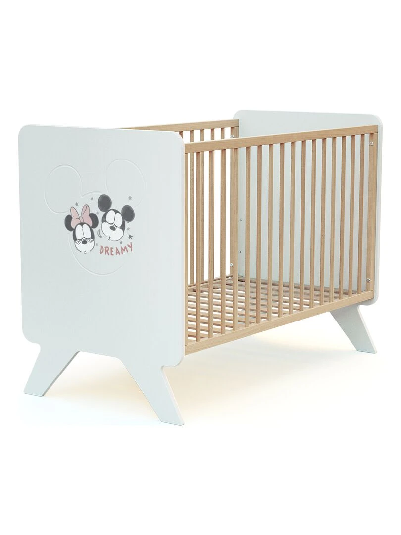 AT4    Lit bébé Disney Happy Days Mickey en bois Blanc et Hêtre 60 x 120 cm   Marron clair
