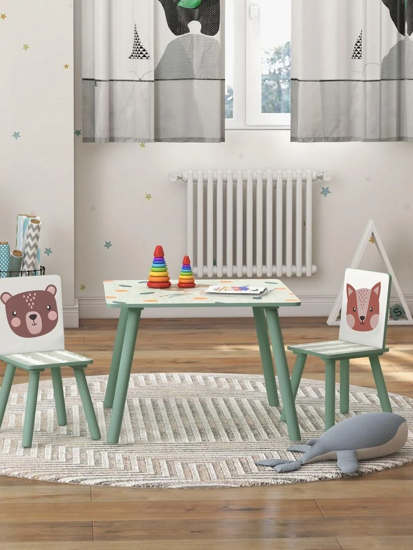 Ensemble table et chaises enfant design animaux de la forêt bois pin MDF vert Vert
