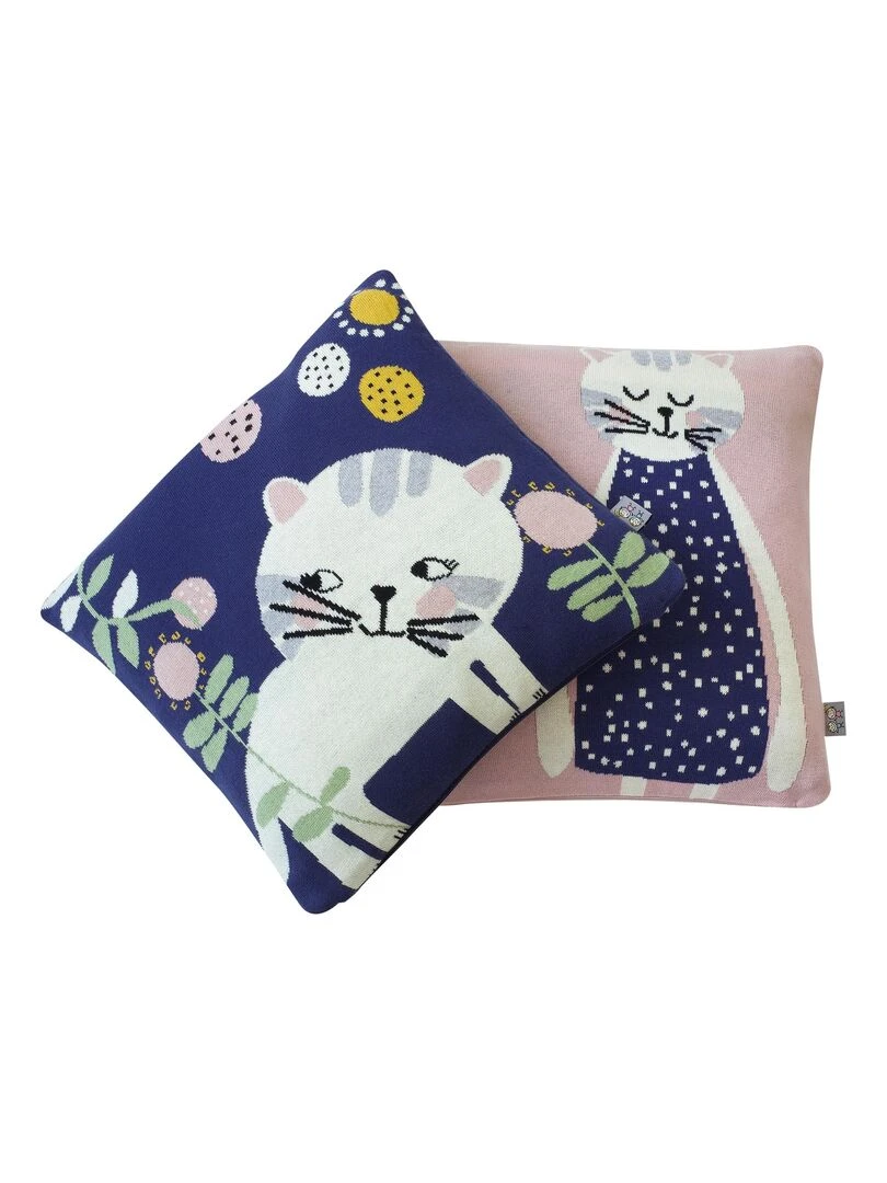 Taie de coussin en tricot de coton  Chaton   Bleu