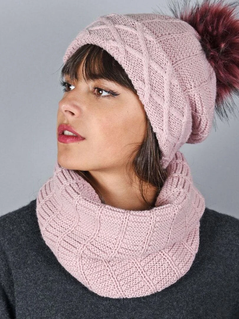 Ensemble Snood Bonnet Komin Made in UE Rose