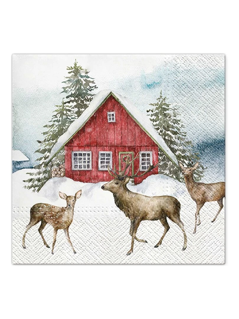 Lot de 20 serviettes en papier 33 x 33 cm Rennes et maison dans la neige Rouge