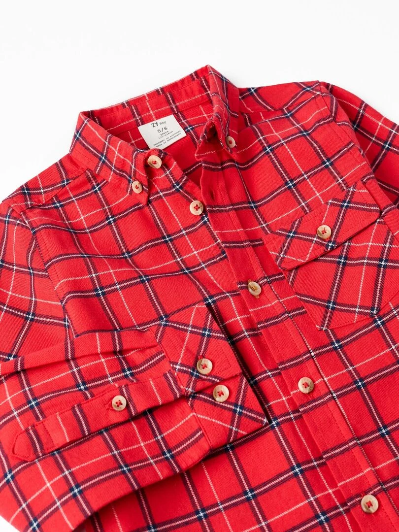 Chemise à carreaux en coton pour garçon manches longues  NOËL   Rouge