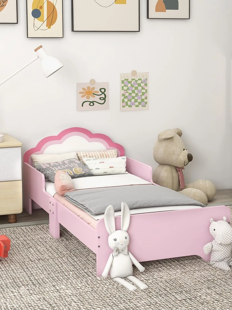 Lit enfant design girly motif nuage avec sommier à lattes rose blanc Rose