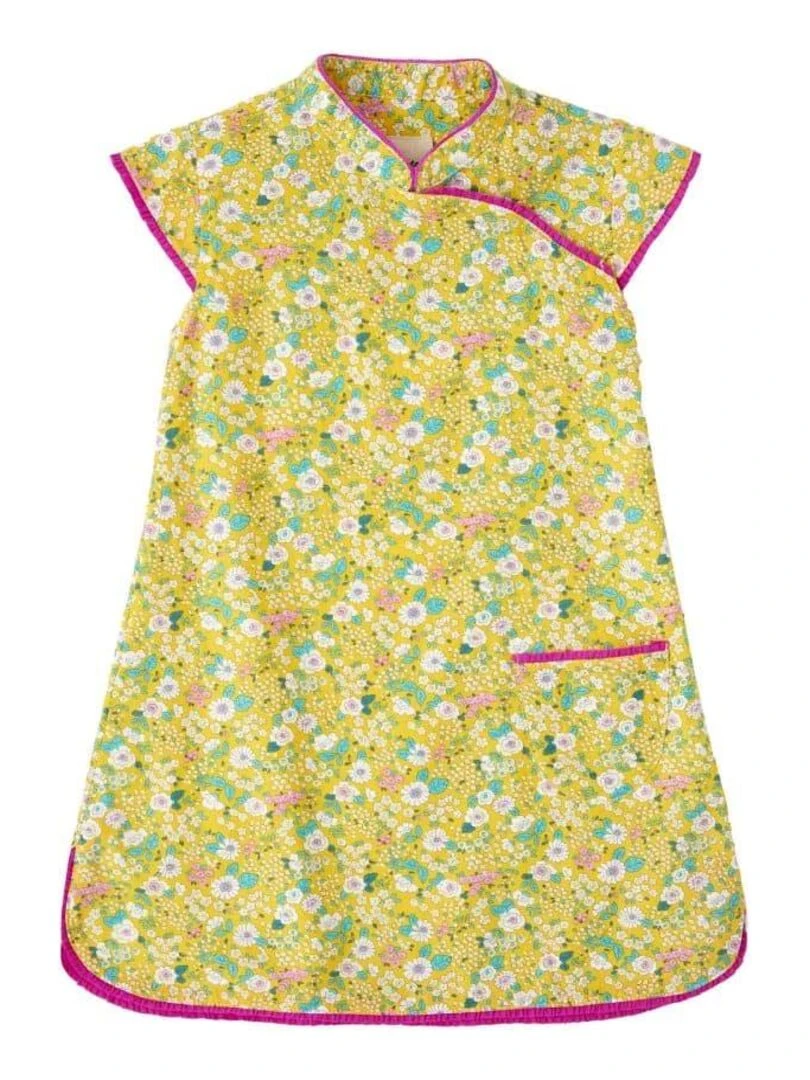 Robe Chinoise Fille  Jaune Fleurie Rose  Col Mao  ANNAM   La Faute à Voltaire   Jaune
