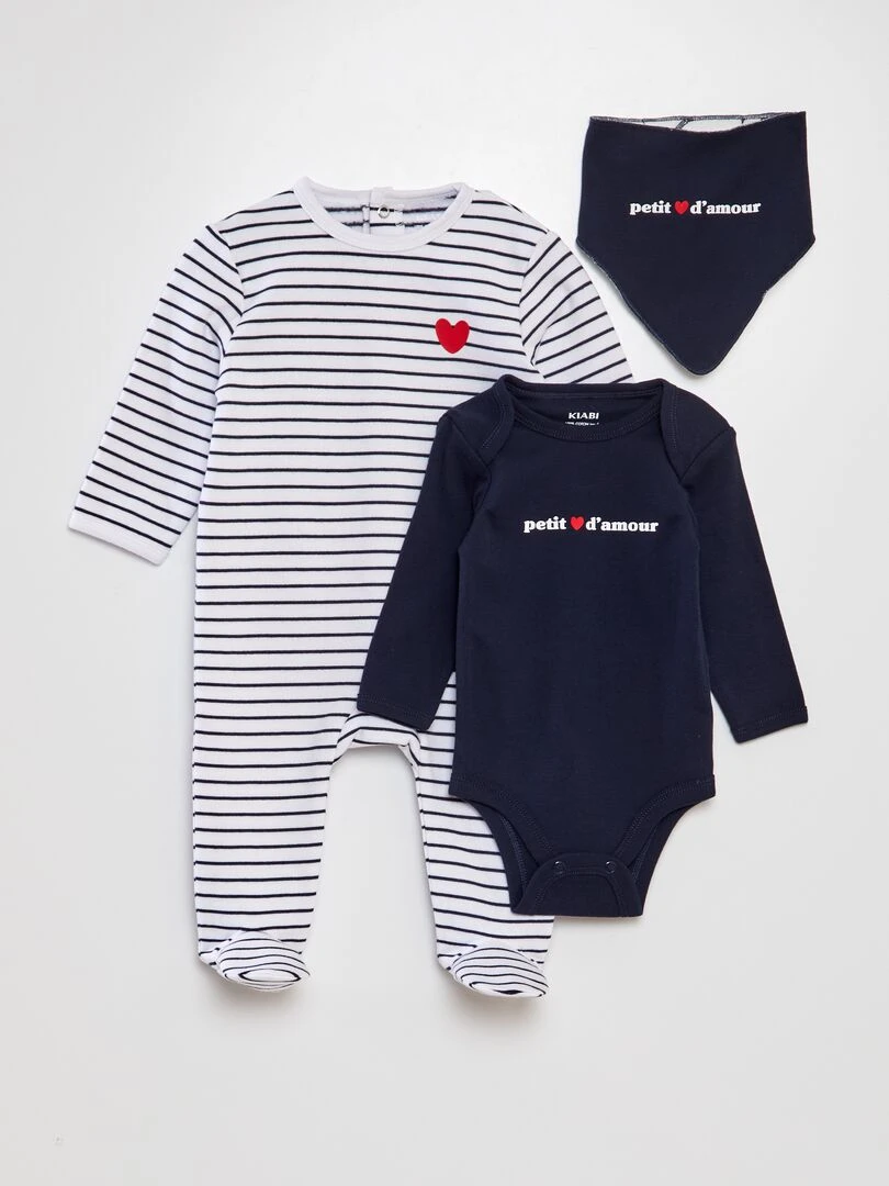 Ensemble pyjama + body + bavoir 'petit coeur d'amour' Blanc/marine