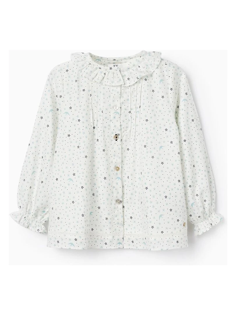 Blouse en sergé de coton à motif pour fille 'Flowers & Birds' manches longues SPRING BEGINS Bleu clair