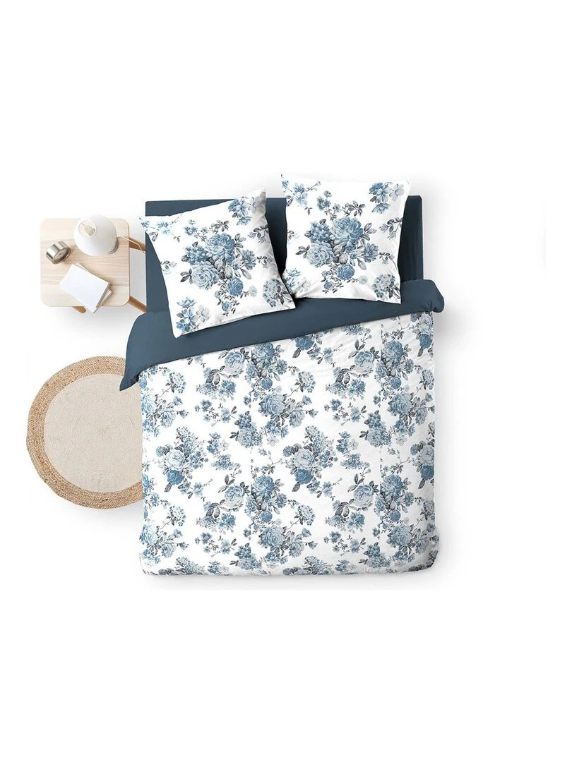 Housse de couette 240x220 + 2 taies Roselia double gaze de coton 57 fils   Bleu