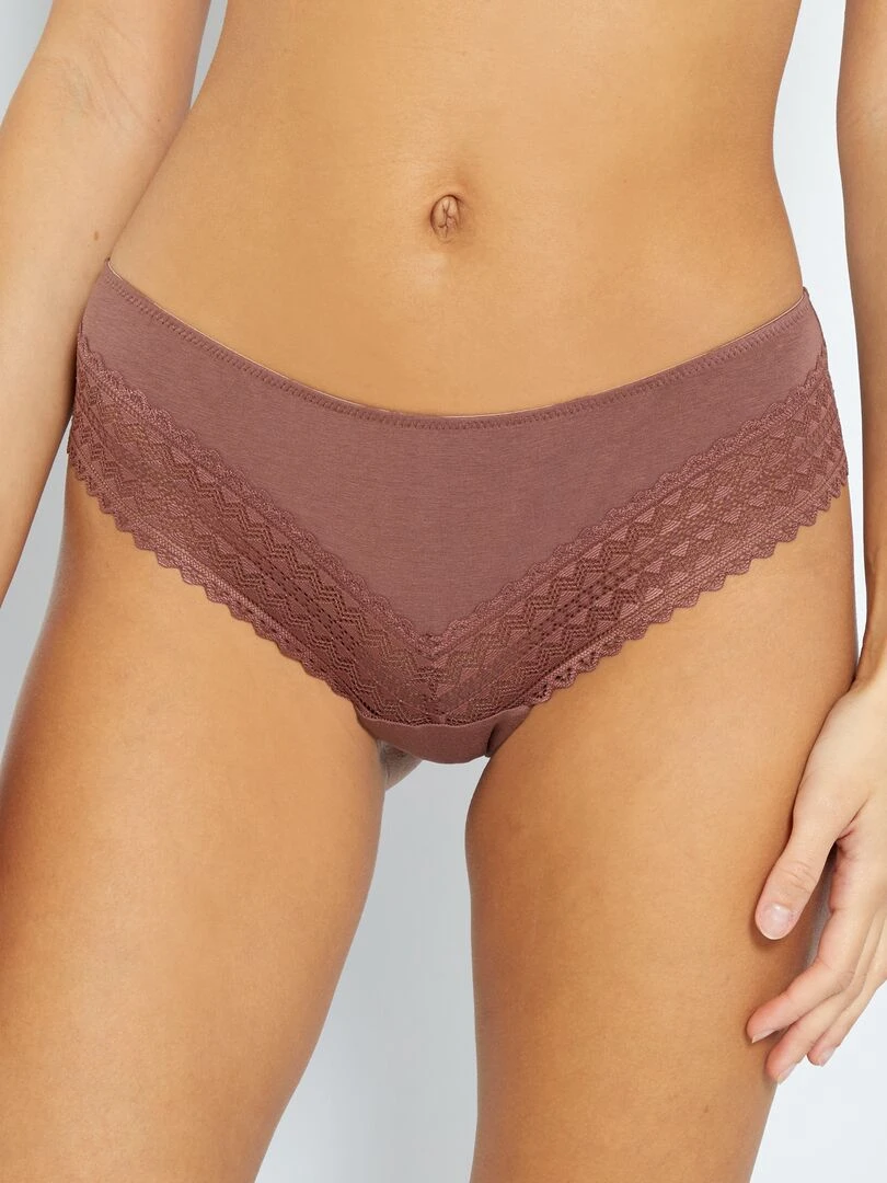 Lot de 3 tangas coton dentelle marron/marron rosé/beige