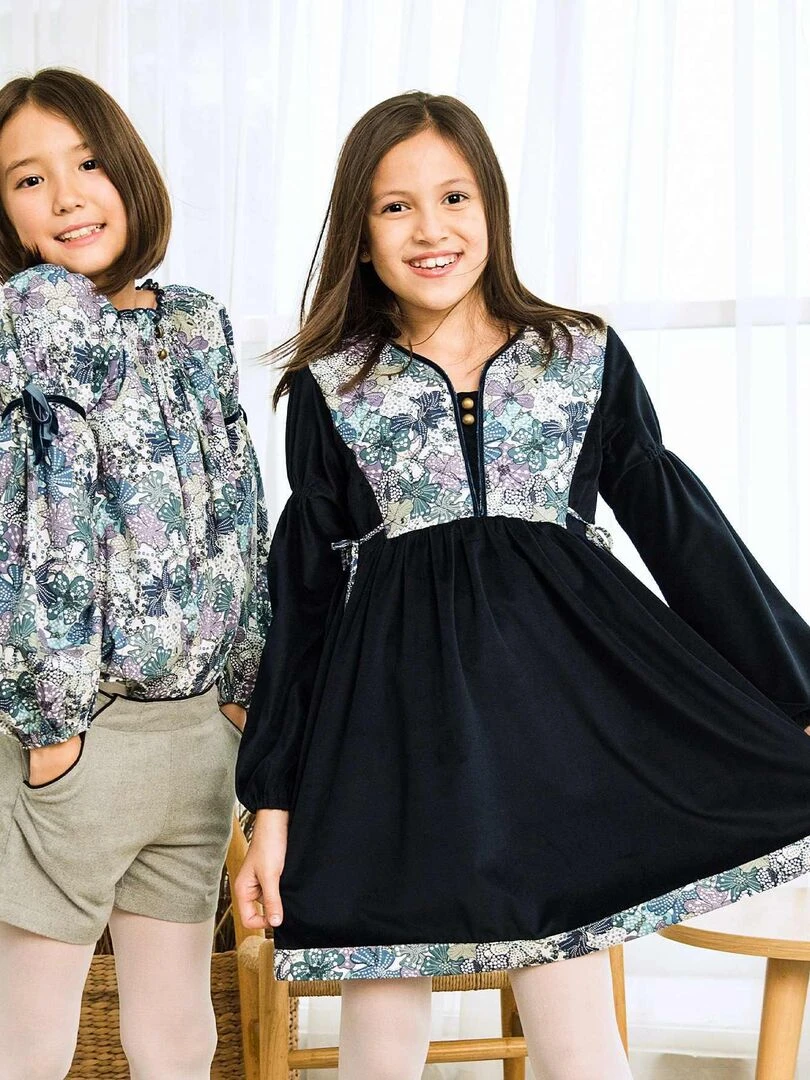 Robe Hiver Fille Velours Bleu Marine Liberty Fleuri Lilas MARGOT 'LA FAUTE A VOLTAIRE' Bleu marine