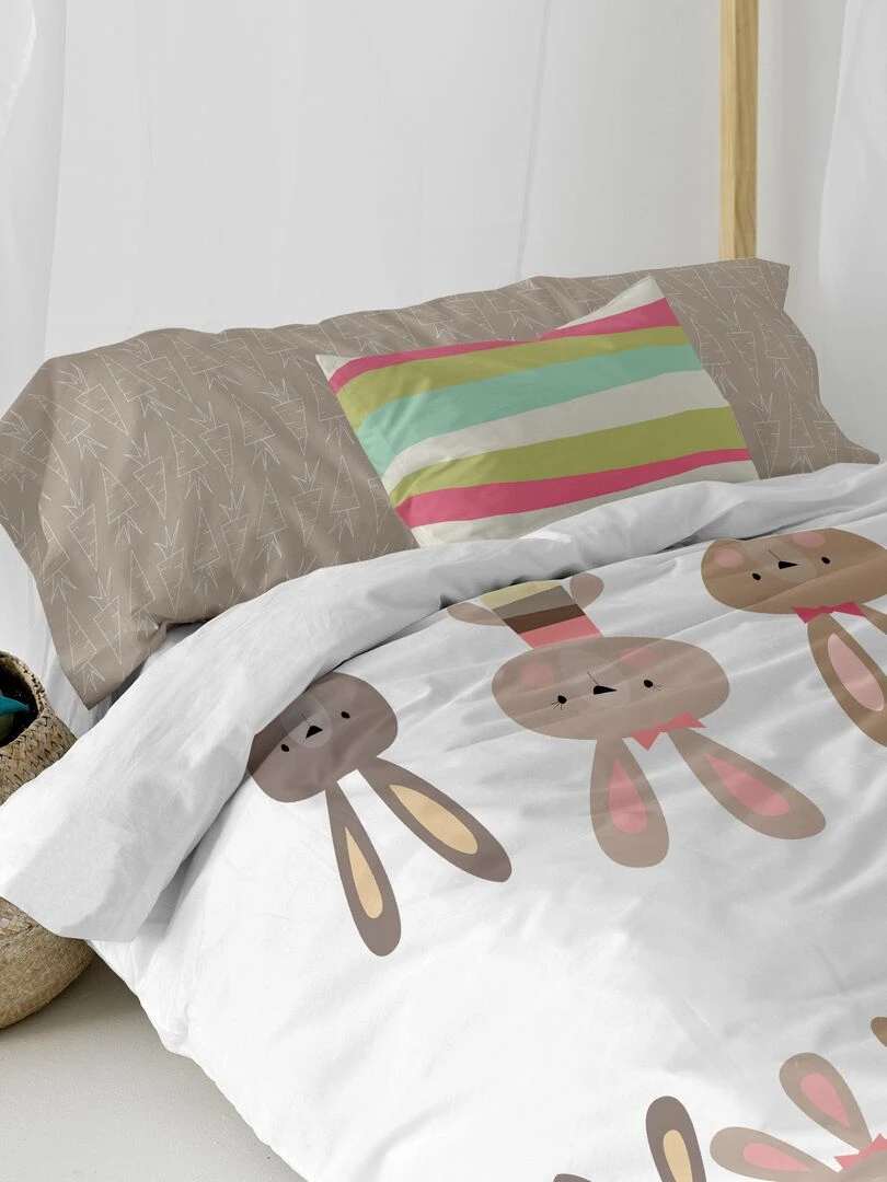 Parure housse de couette 2 pièces Rabbit family "Happyfriday" Blanc