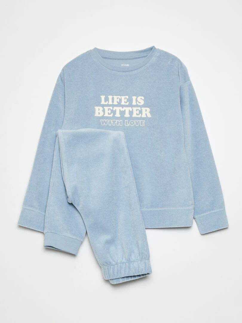 Pyjama long velours à message 2 pièces Bleu