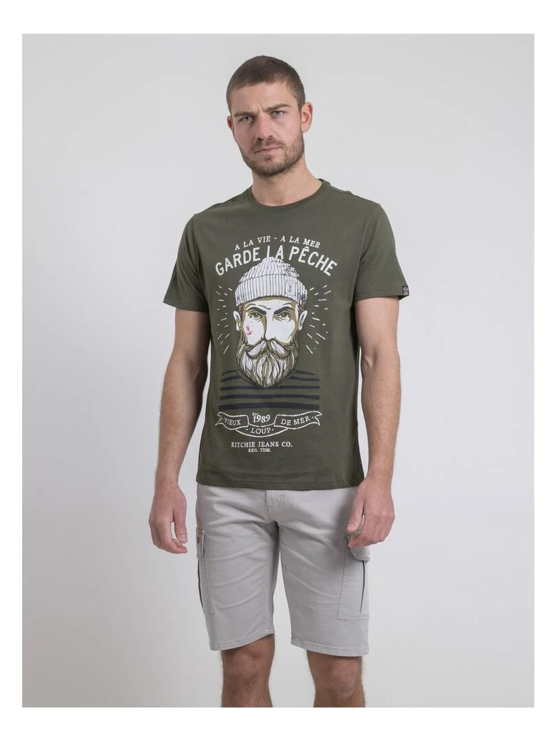T shirt col rond pur coton NOULANDY Kaki