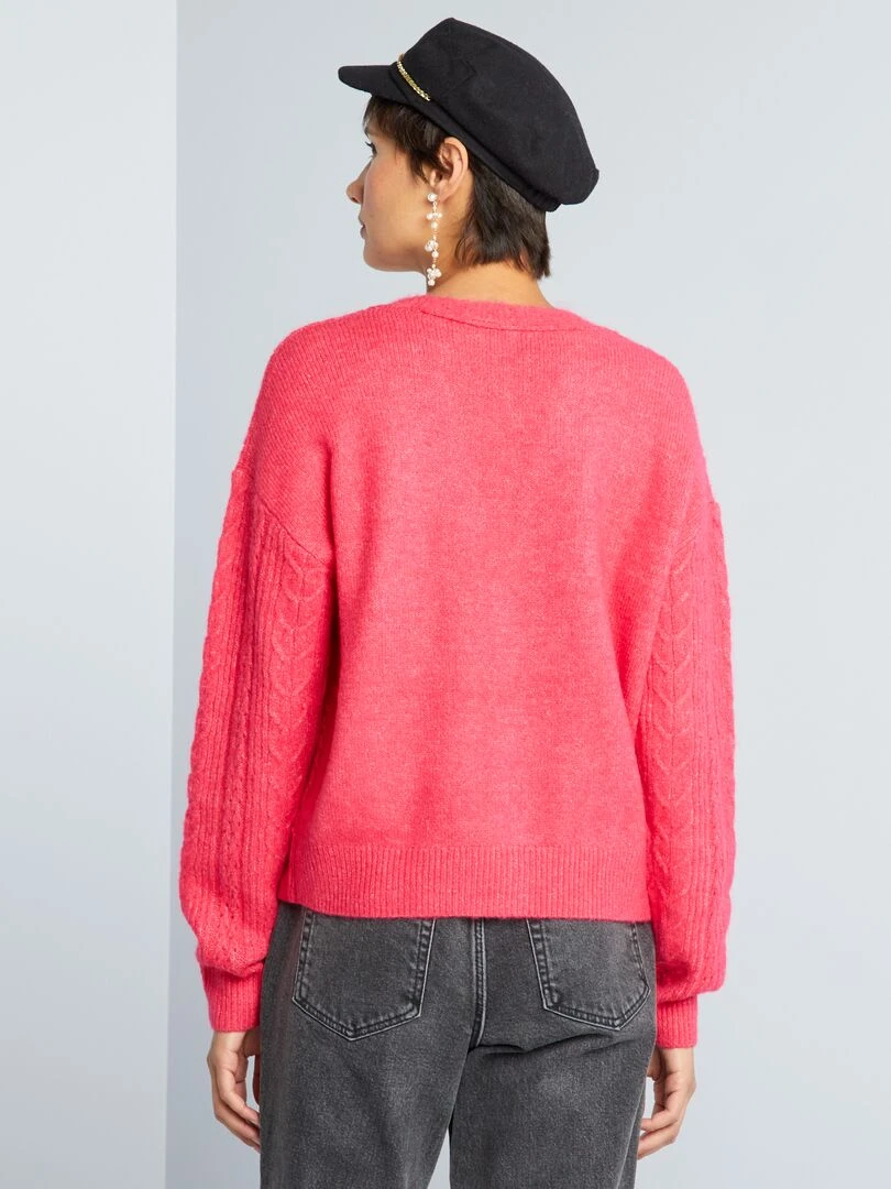 Gilet boutonné en maille ajourée   rose azalée