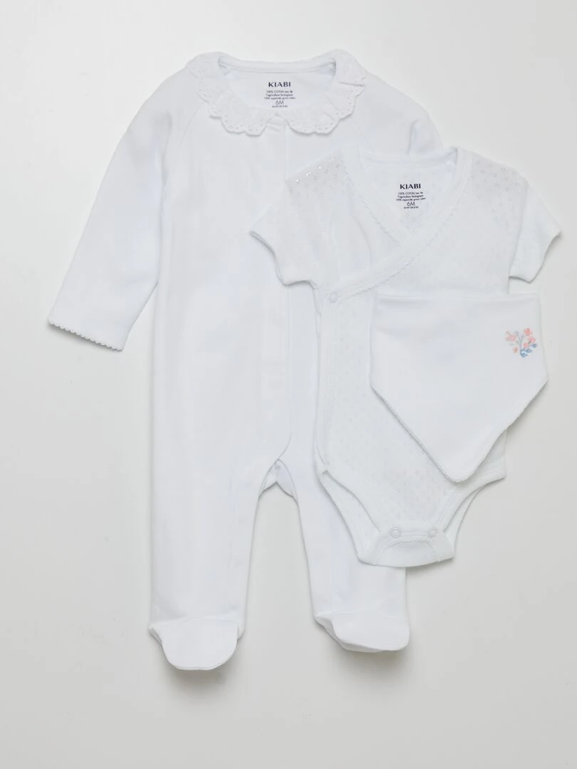 Ensemble body + bavoir + dors bien 3 pièces BLANC