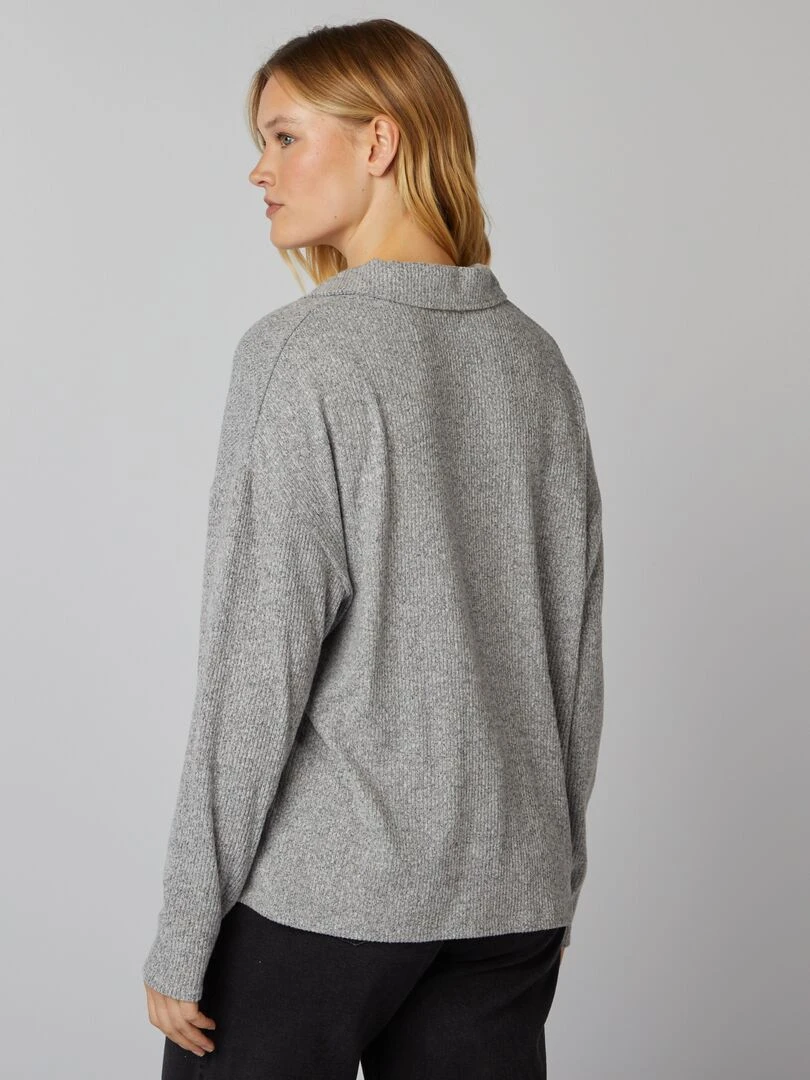 T shirt façon polo en maille doudou   Gris