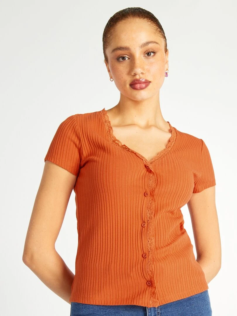 T shirt côtelé avec dentelle   orange