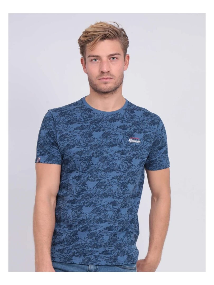 T shirt col rond pur coton motifs NOMERIC Bleu