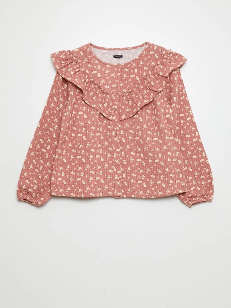 Chemisier en gaze de coton et empiècement volanté Rose fleuri