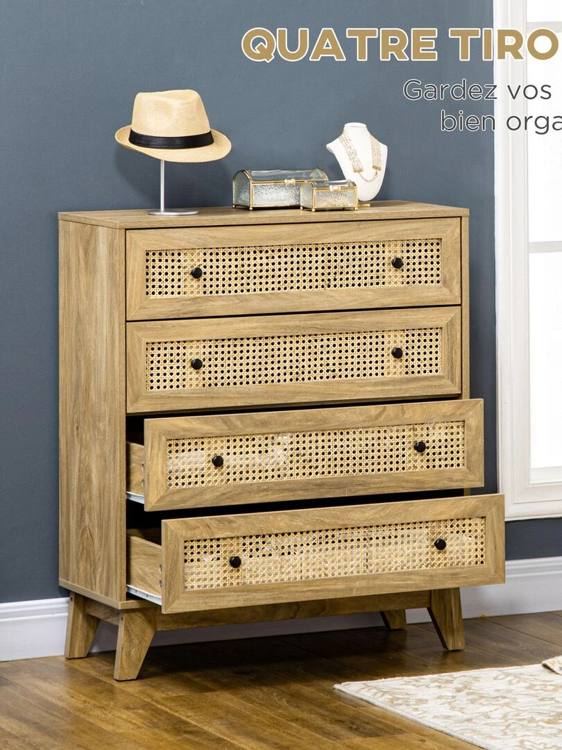 Commode 4 tiroirs style bohème rotin aspect bois manguier   Beige