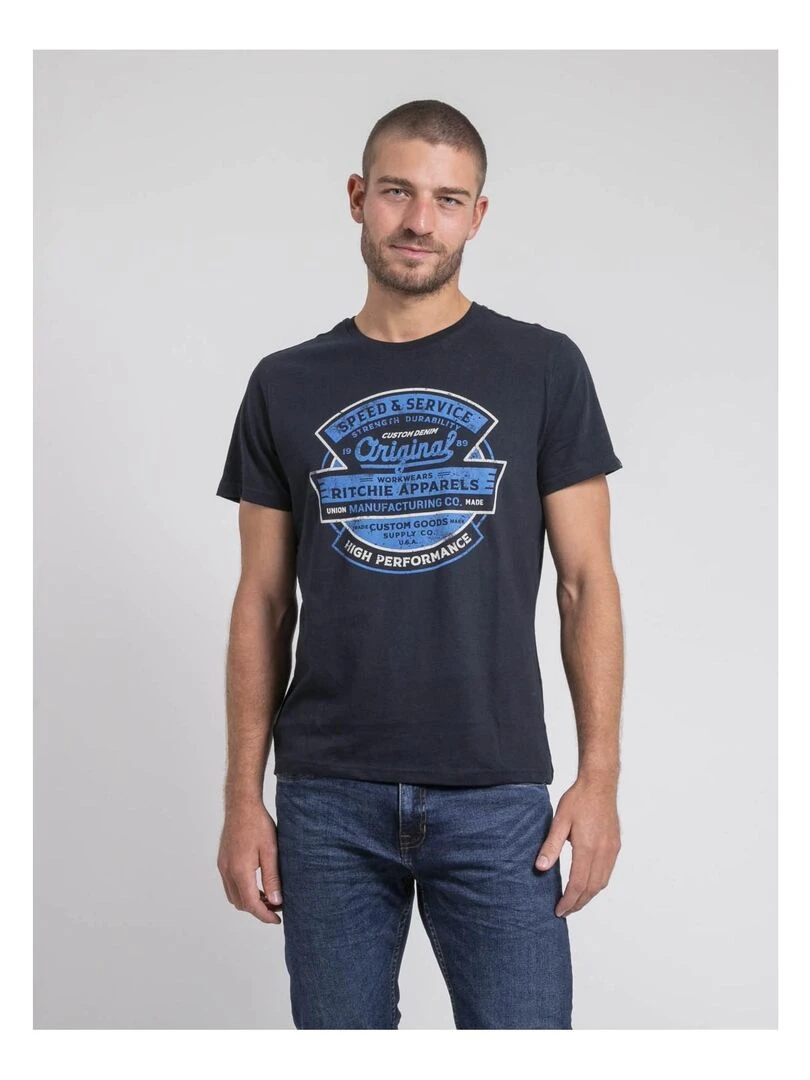 T shirt col rond pur coton JIROBIN Bleu marine