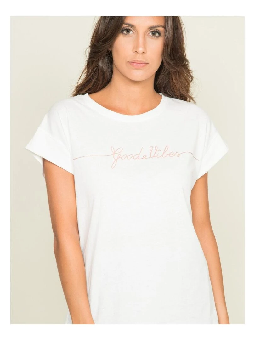 T shirt col rond message FIBES   Blanc