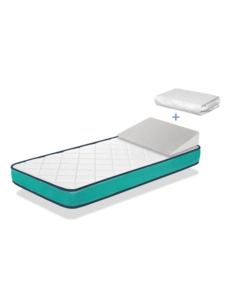 Pack matelas AXEL épaisseur 11 cm + plan incliné 15º + protège matelas Bleu turquoise
