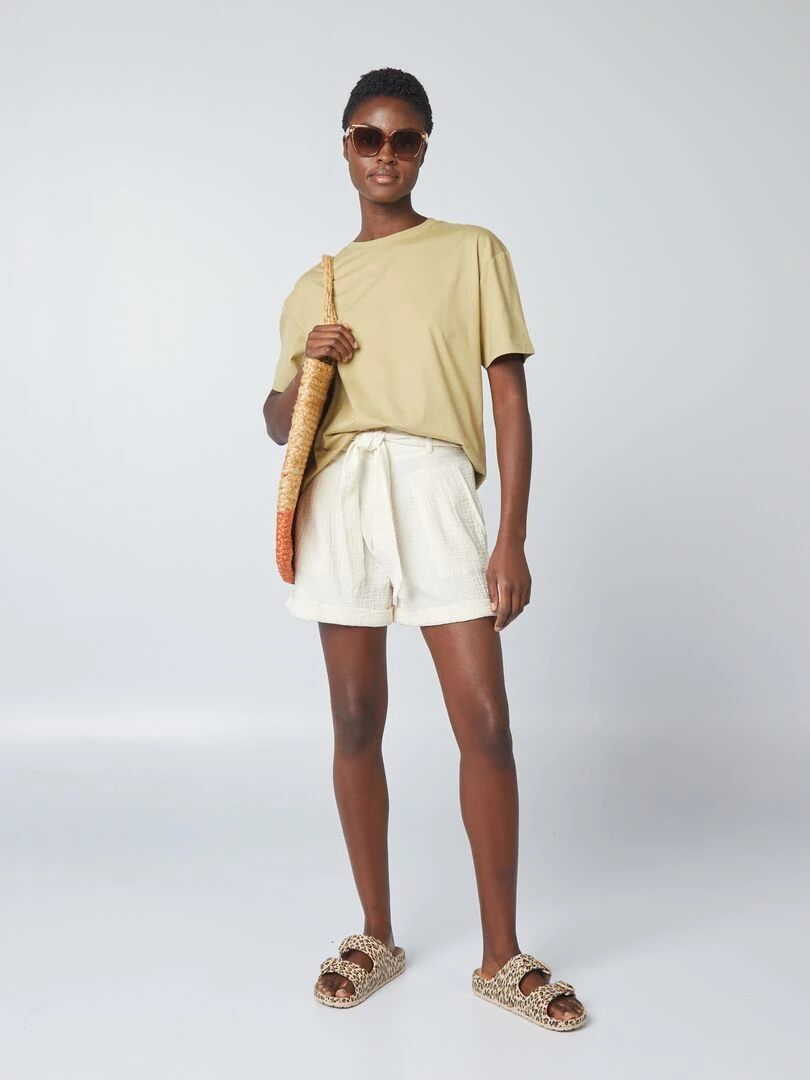 Short taille haute en gaze de coton Beige