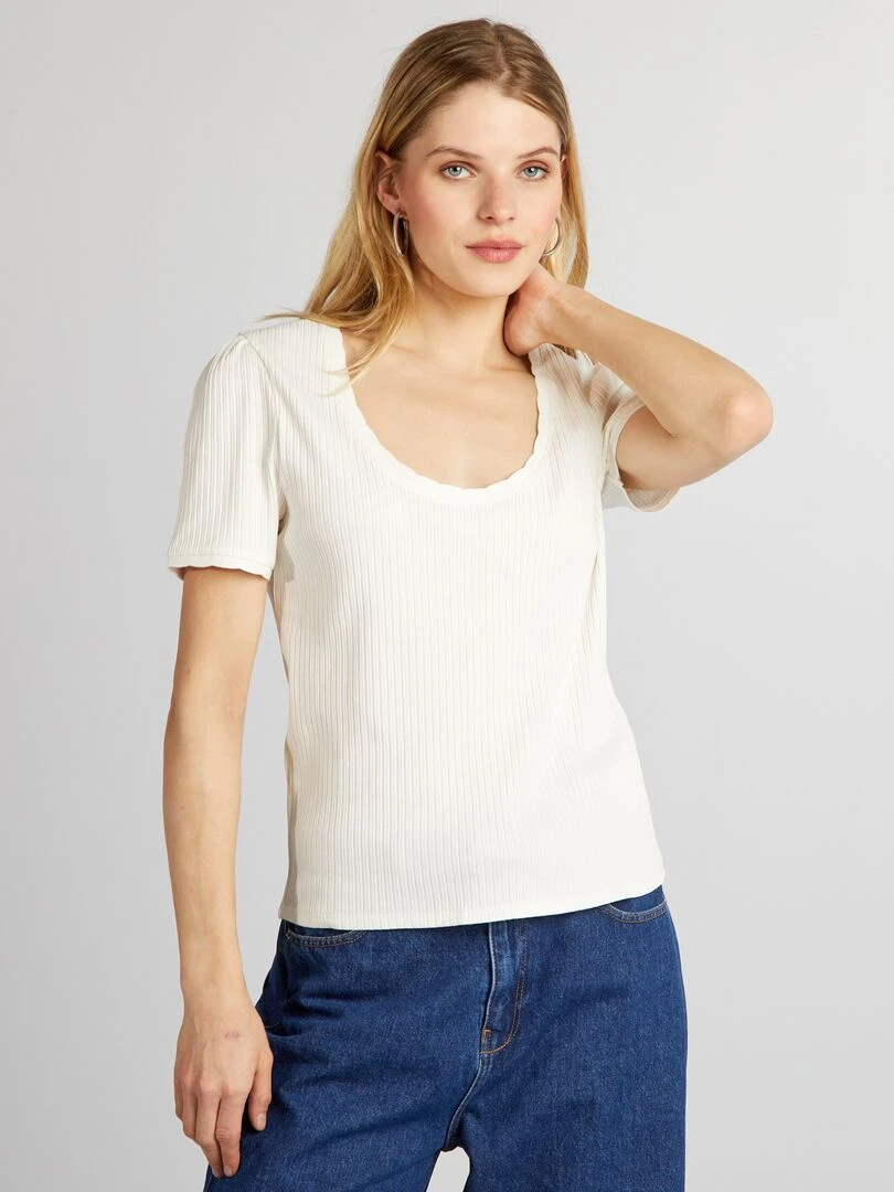 T shirt côtelé à col plongeant   blanc