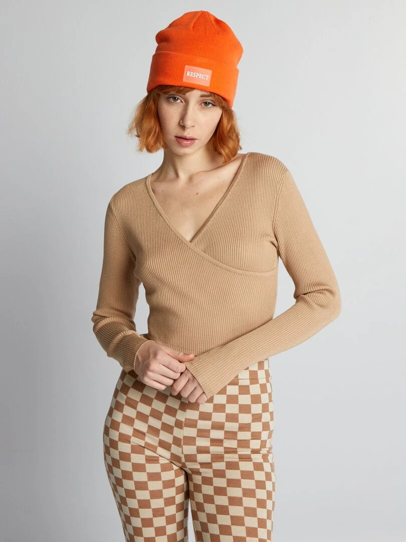 Pull côtelé avec ouverture cache cœur Beige