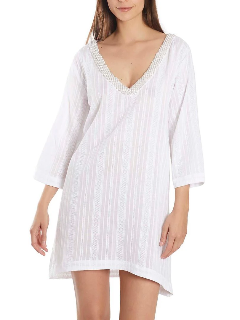 Caftan de plage perles manches trois quarts Blanc