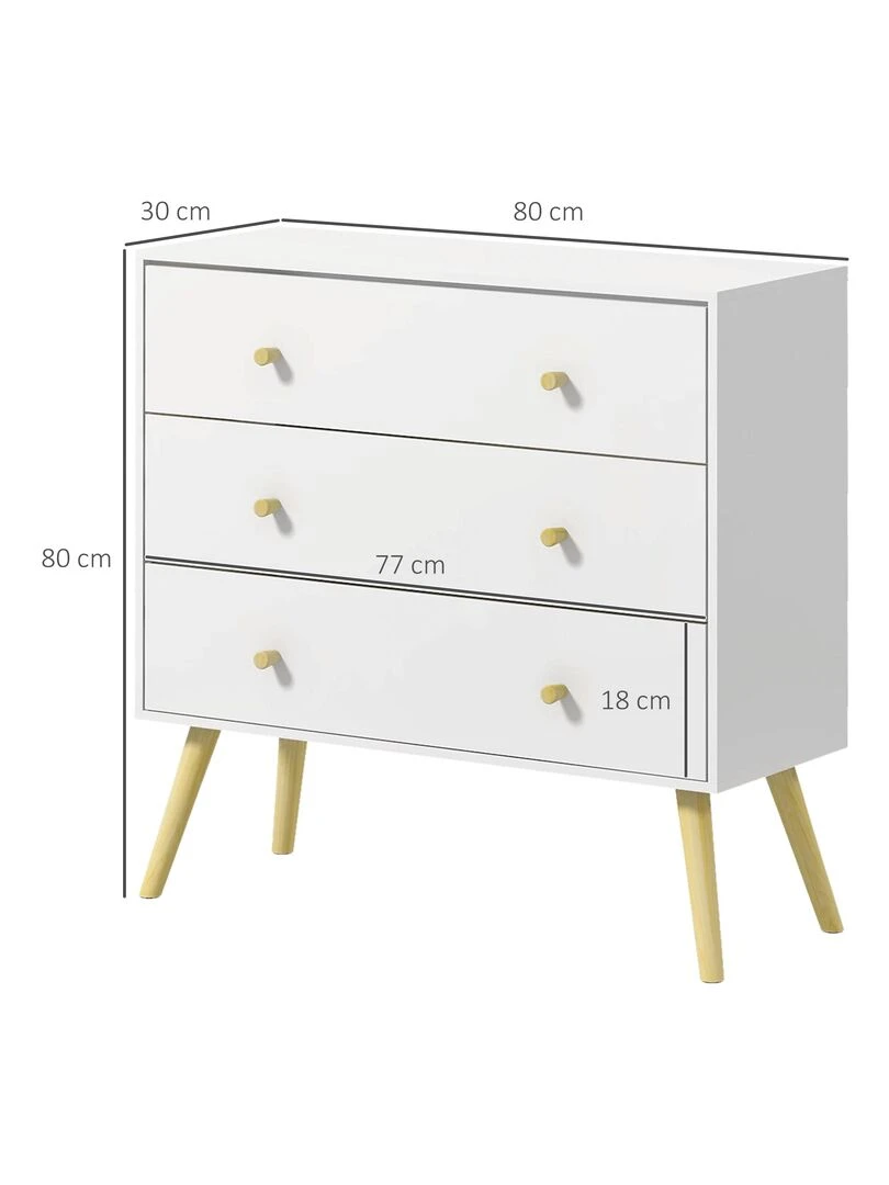 Commode 3 tiroirs design scandinave bois pin panneaux blanc   Blanc