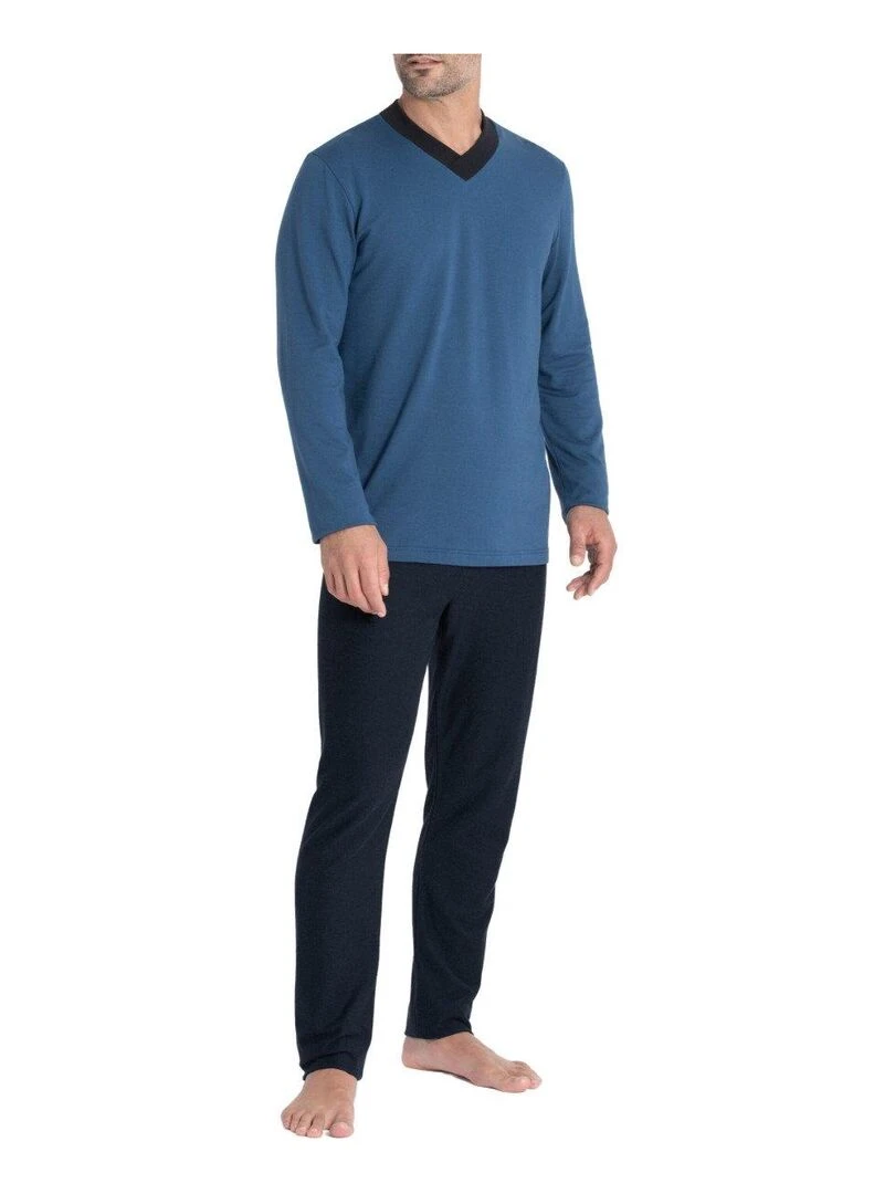 Pyjama long cardé 100% coton à micro motif jacquard Zen Bleu