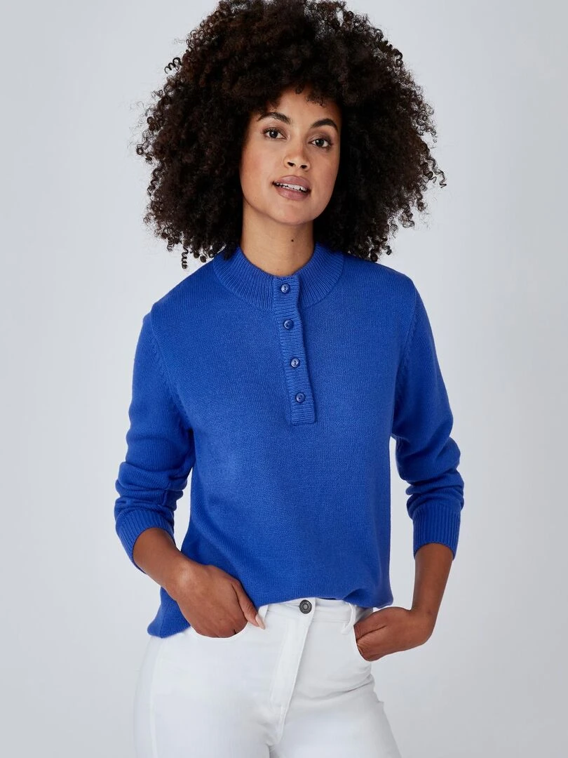Pull col montant boutonné Damart Bleu